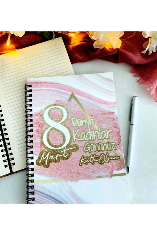 Kadınlar Günü Pembe Gold Defter Kalem Seti