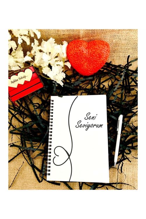 Sevgililer Günü Seni Seviyorum Yazılı Ahşap Defter Kalem Seti - Beyaz