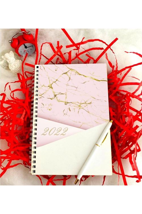2022 Yılı Mermer Desen Ahşap Defter Kalem - Pembe