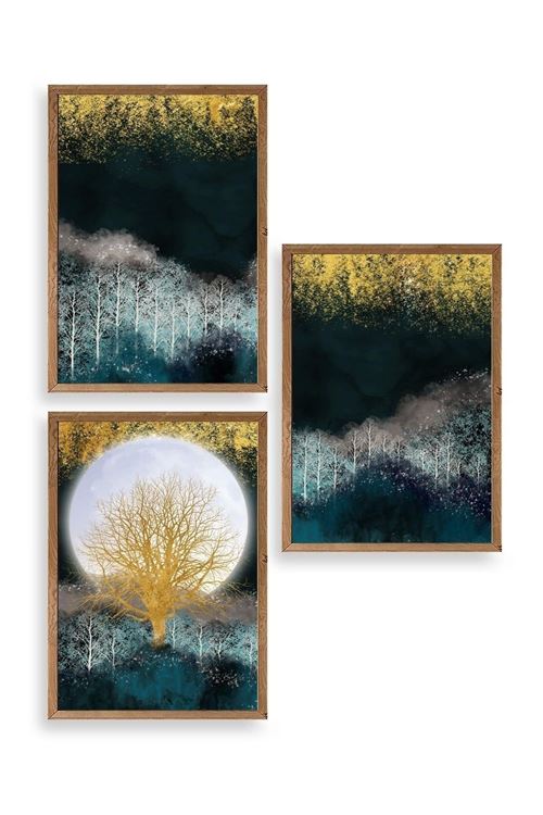 Manzara Üçlü Ahşap Çerçeveli Tablo 50 x 70