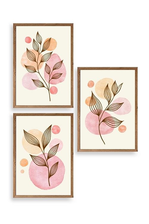 Çiçek Desenli Üçlü Ahşap Çerçeveli Tablo 23 x 30