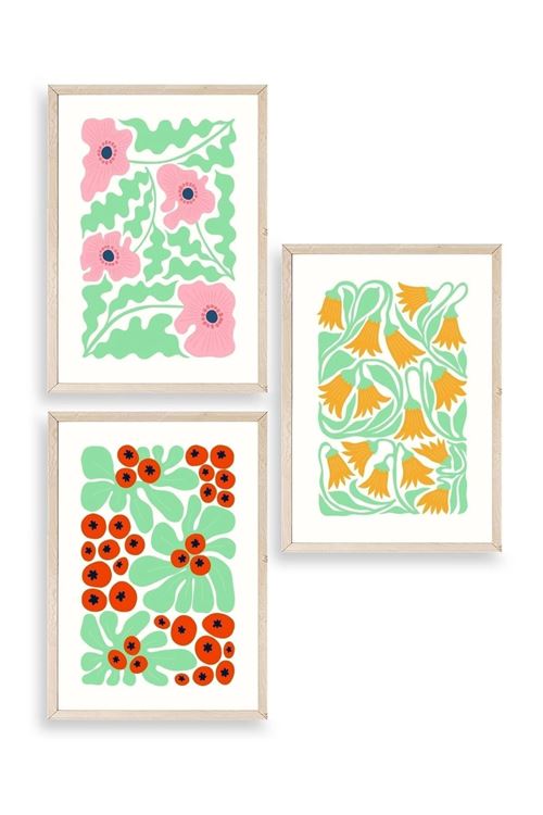 Çiçekler Üçlü Ahşap Çerçeveli Tablo 23 x 30