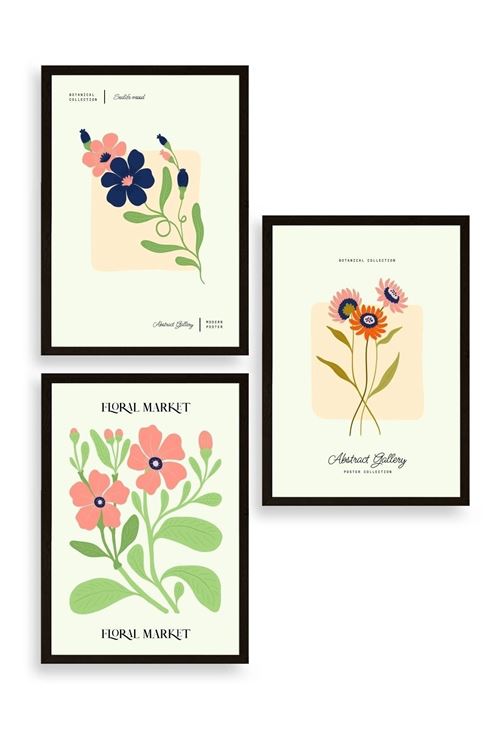 Flower Market Üçlü Ahşap Çerçeveli Tablo 23 x 30