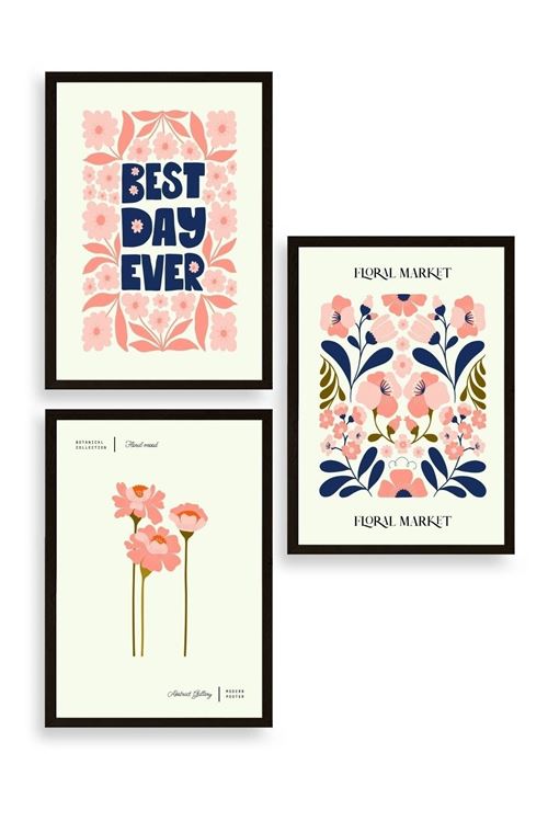 Flower Market Üçlü Ahşap Çerçeveli Tablo 50 x 70