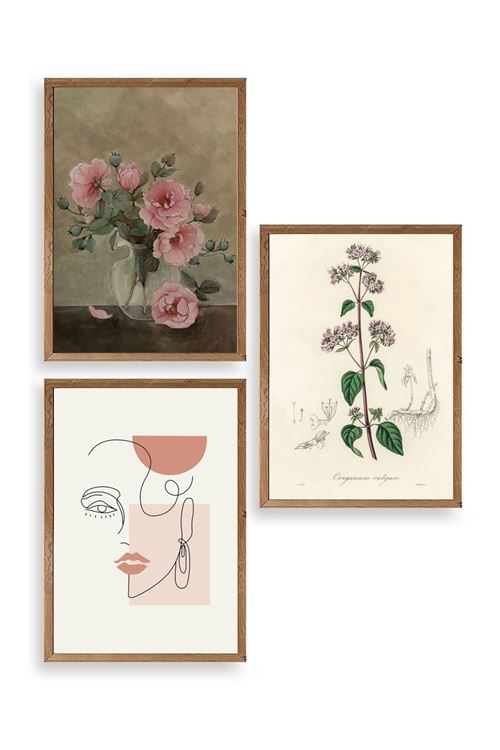 Çiçek Üçlü Ahşap Çerçeveli Tablo 23 x 30