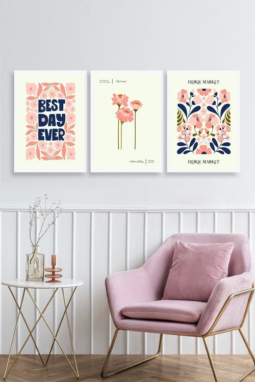 Flower Market Üçlü Ahşap Çerçeveli Tablo 23 x 30