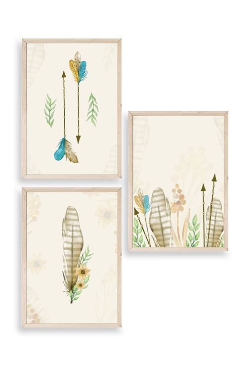 Çiçekli Desenler Üçlü Ahşap Çerçeveli Tablo 50 x 70