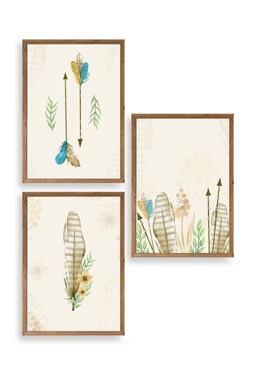 Çiçekli Desenler Üçlü Ahşap Çerçeveli Tablo 50 x 70