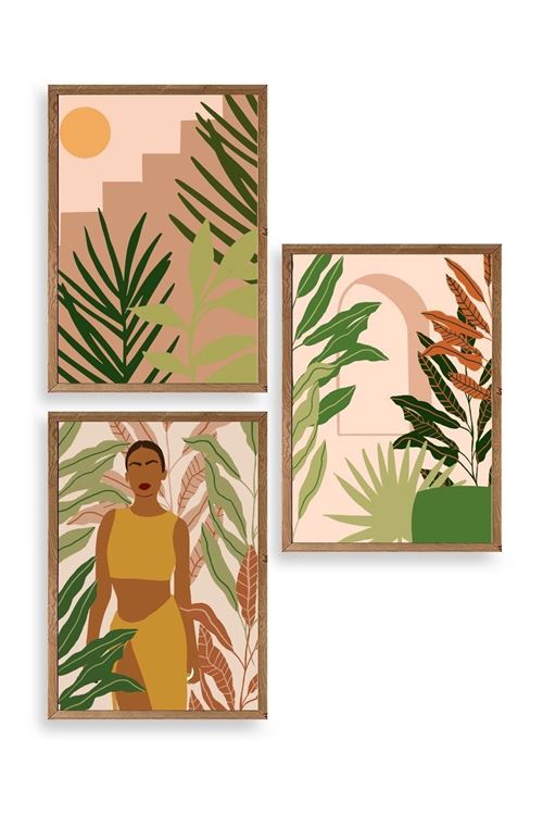 Düşündüren Çiçekli Üçlü Ahşap Çerçeveli Tablo 23 x 30