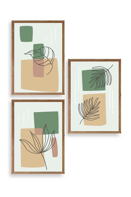 Çiçek Desenli Üçlü Ahşap Çerçeveli Tablo 23 x 30