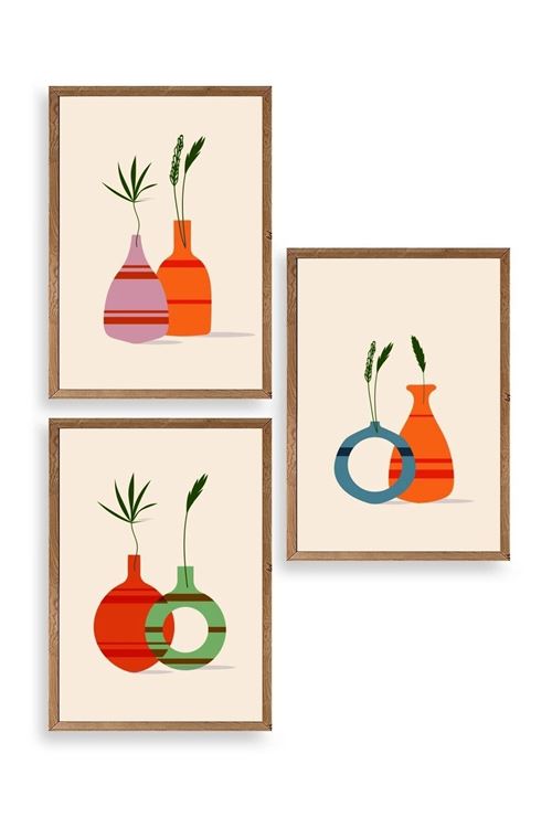 Çiçek Desenli Üçlü Ahşap Çerçeveli Tablo 50 x 70