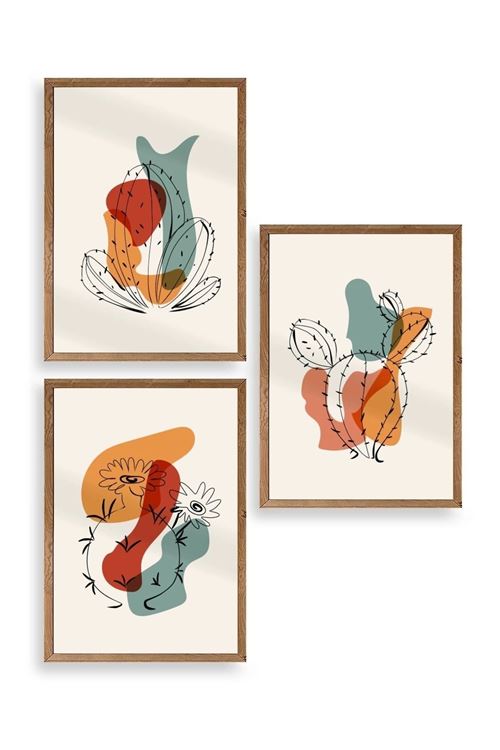 Düşündüren Şekiller Üçlü Ahşap Çerçeveli Tablo 30 x 42