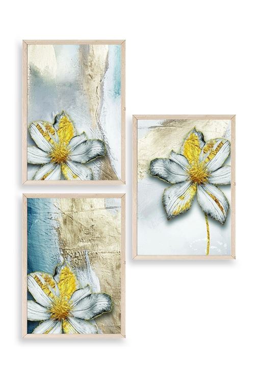 Çiçek Desenli Üçlü Ahşap Çerçeveli Tablo 50 x 70