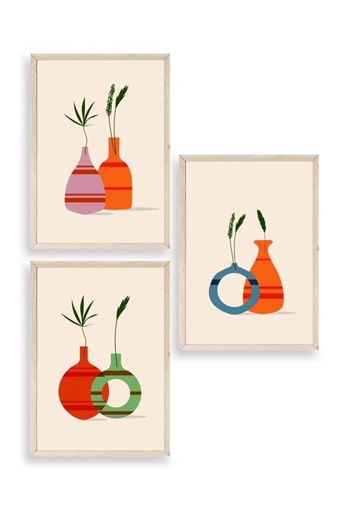 Çiçek Desenli Üçlü Ahşap Çerçeveli Tablo 30 x 42