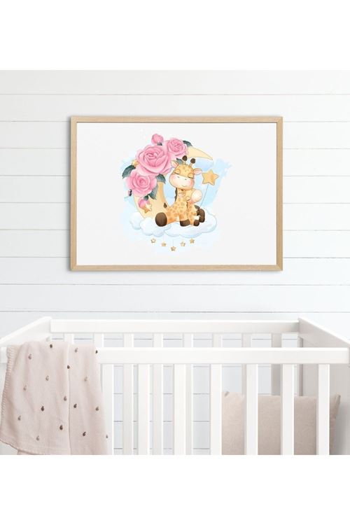 Ahşap Zürafa Baskılı Bebek Odası Çerçeveli Tablo - Naturel 35 x 50