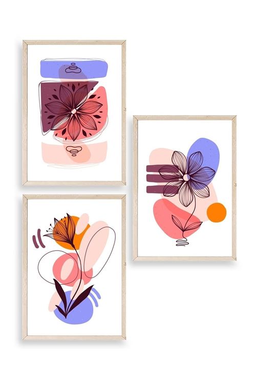 Çiçek Desenli Üçlü Ahşap Çerçeveli Tablo 50 x 70