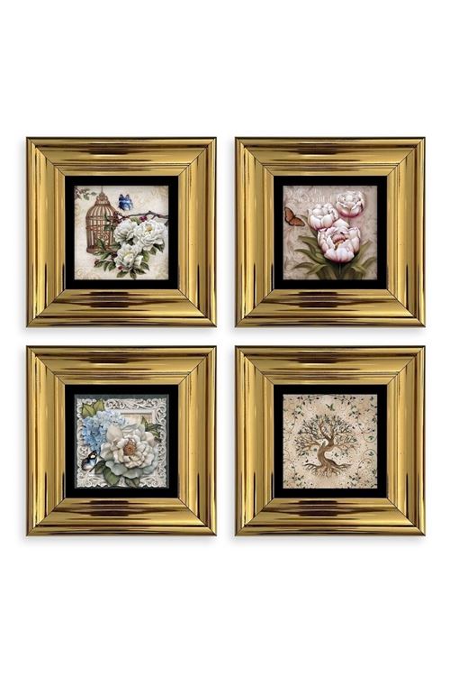 Çiçekler 4 lü Set Çerçeveli Taş Tablo 20 cm