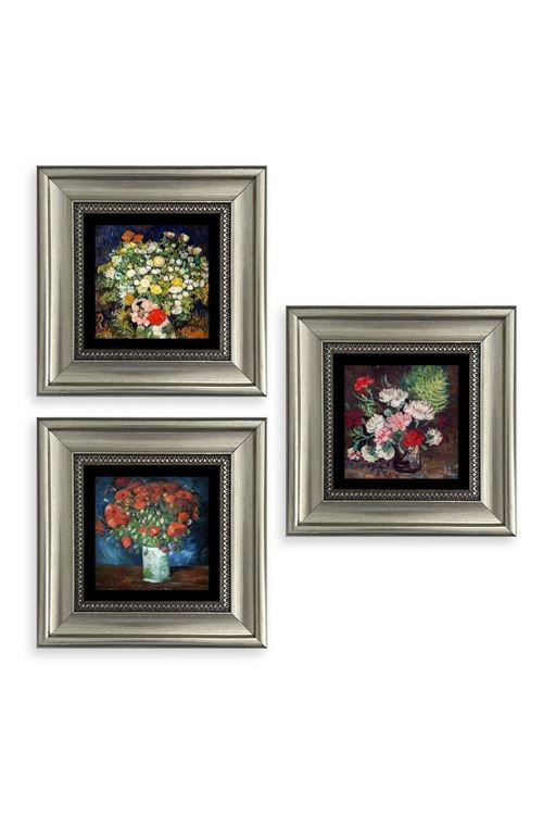 Çiçekler 3 lü Set Çerçeveli Taş Tablo 20 cm