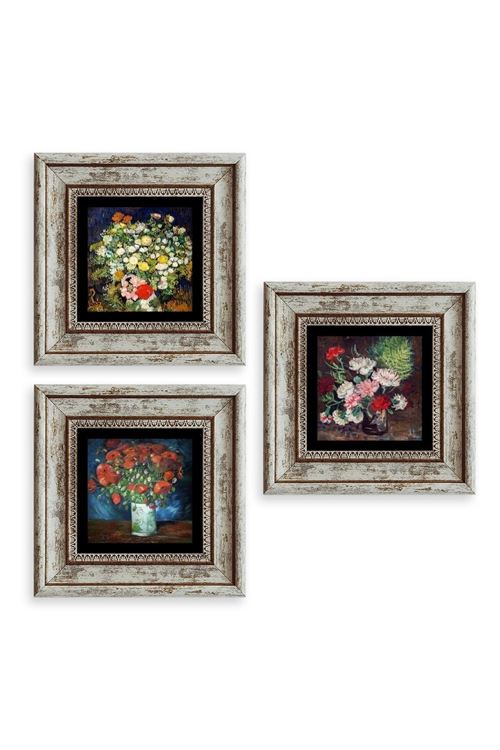 Çiçekler 3 lü Set Çerçeveli Taş Tablo 20 cm