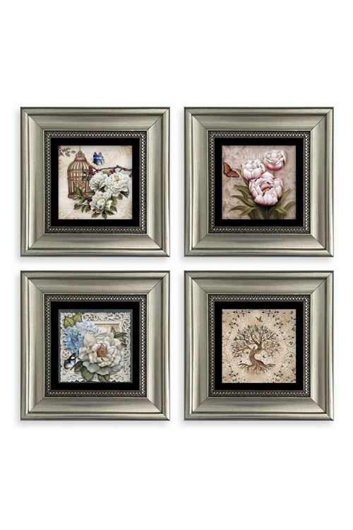 Çiçekler 4 lü Set Çerçeveli Taş Tablo 20 cm