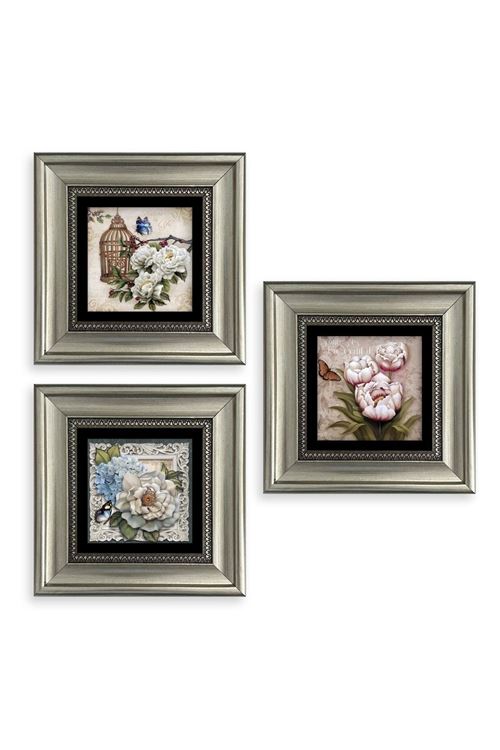 Çiçekler 3 lü Set Çerçeveli Taş Tablo 20 cm