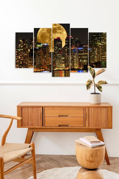 Ay ve Şehir Manzarası 5 Parçalı Mdf Tablo 60 x 100