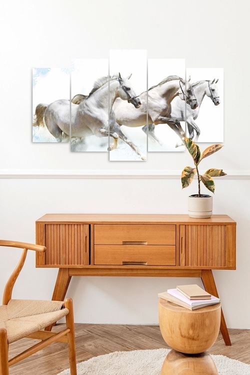 Beyaz At Manzarası 5 Parçalı Mdf Tablo 60 x 100