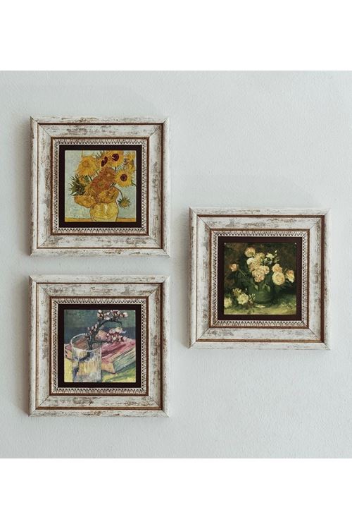 Çiçek Tasarımlı 3'lü Çerçeveli Taş Tablo , Çerçeveli Taş Duvar Dekoru 20 cm