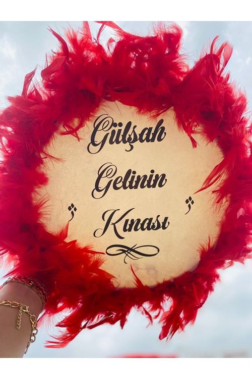 Kişiye Özel Tüylü Kına Gecesi Tefi,kırmızı Tüylü Gelin Tefi, Kına Tefi (22 CM)