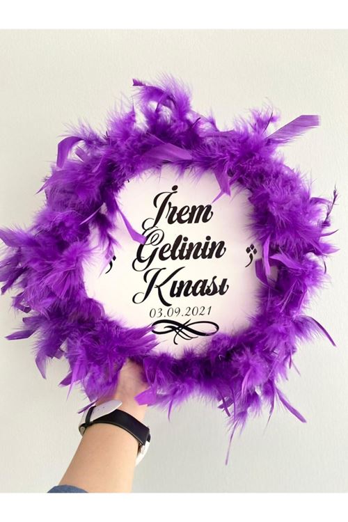 Kişiye Özel Tüylü Kına Gecesi Tefi,mor Tüylü Gelin Tefi, Kına Tefi (22 CM)