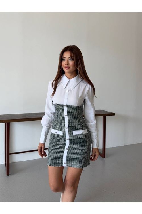 KADIN UZUN KOLLU CEP VE DÜĞME DETAY MİNİ GÖMLEK ELBİSE