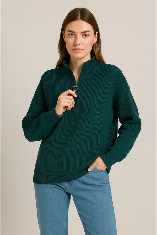 KADIN Yarım Fermuarlı Triko Kazak – Selanik Örgü, Dik Yaka, Pamuklu Dokuma, Oversize Uzun Kollu Kışlık Model - Haki