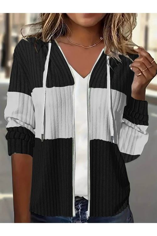 Kadın Uzun Kollu Kapşonlu önden Fermuarlı Blok Desenli şardonlu Kaşkorse Ceket