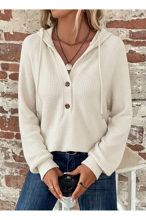 Kadın Uzun Kollu Kapşonlu önü Düğmeli Ve Bağcıklı Waffle Bluz