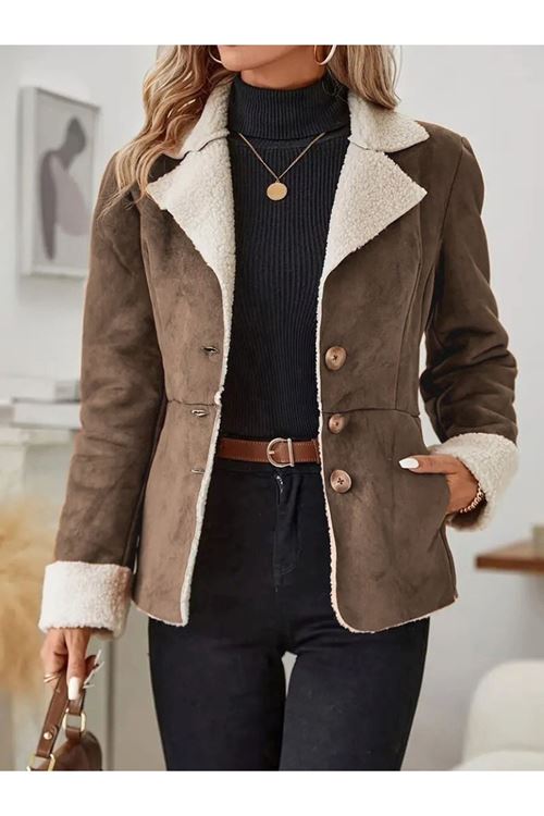 Kadın Uzun Kollu önden Düğmeli Cep Detaylı Kısa Süet Ceket