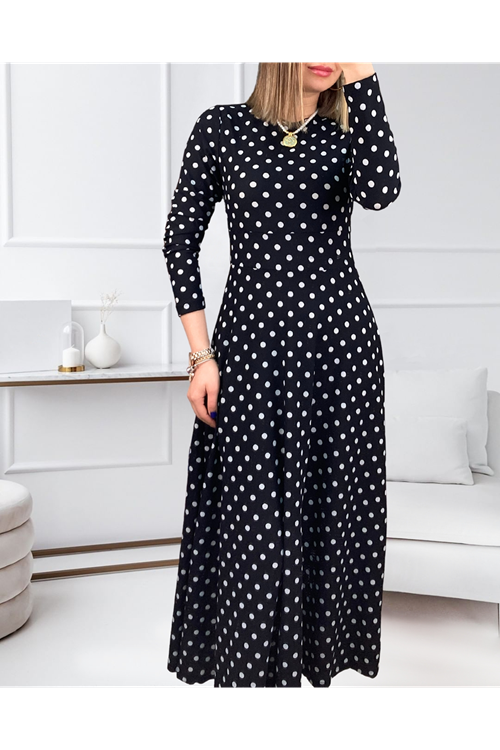 Kadın Krep Kumaş Uzun Kollu Tam Boy Puantiyeli Elbise 132 Cm