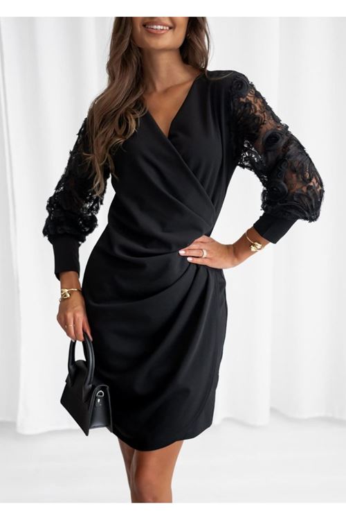 Kadın Uzun Kollu Kruvaze Yakalı önden çapraz Detaylı Kolları çiçek Dantel Detaylı Mini Ithal Krep Elbise