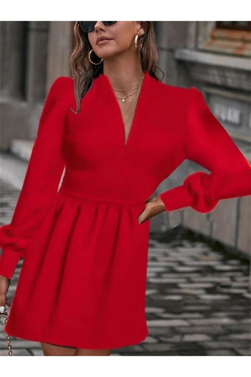 Kadın Uzun Kollu V Yaka Belden Hafif Pileli Scuba Krep Mini Boy Elbise