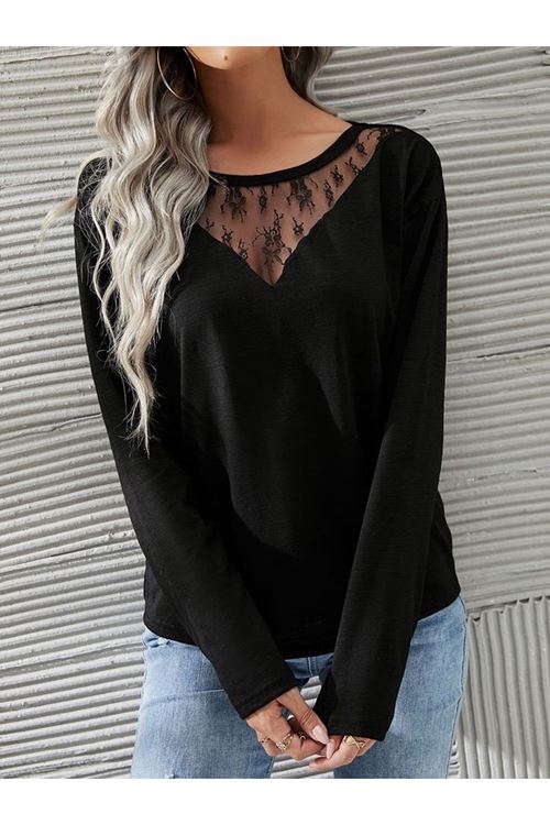 Kadın Uzun Kollu Geniş Yuvarlak Yaka Dantelli Viskon Iki Iplik Bluz
