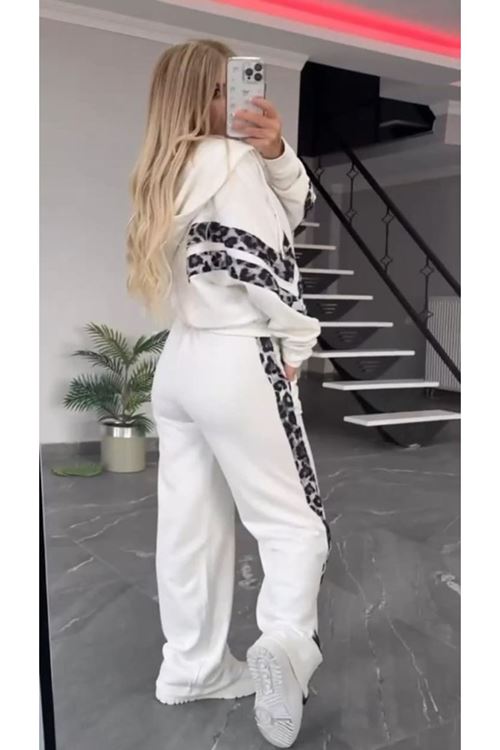 Kadın Uzun Kollu Kapşonlu önü Fermuarlı Leopar Desenli Modal Bluz Ve Pantolon Ikili Takım