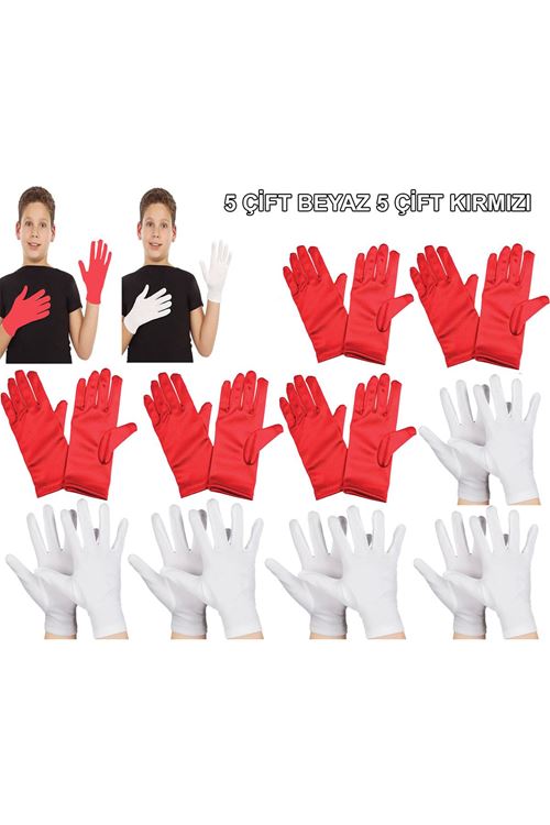 Çocuk Gösteri Eldiven Seti – 5 Çift Beyaz &amp; 5 Çift Kırmızı