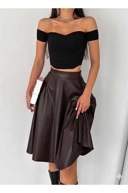 Kadın Yüksel Bel Deri Kloş Etek