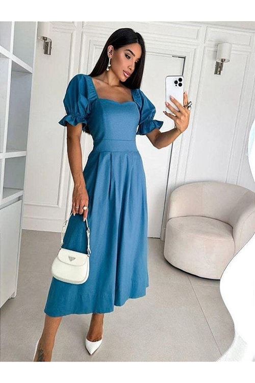 Kadın Kısa Kollu Kare Yaka Midi Boy Trikoton Kumaş Elbise