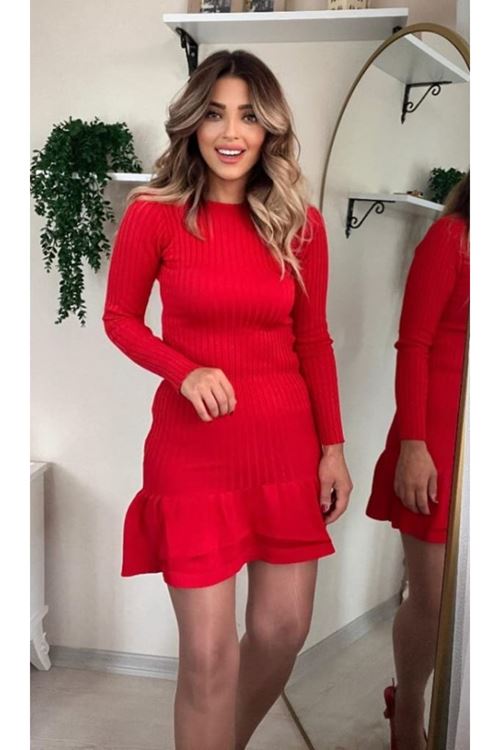 Kadın Bisiklet Yaka Uzun Kol Etek Ucu Fırfırlı Triko (polyenit) Mini Boy Elbise