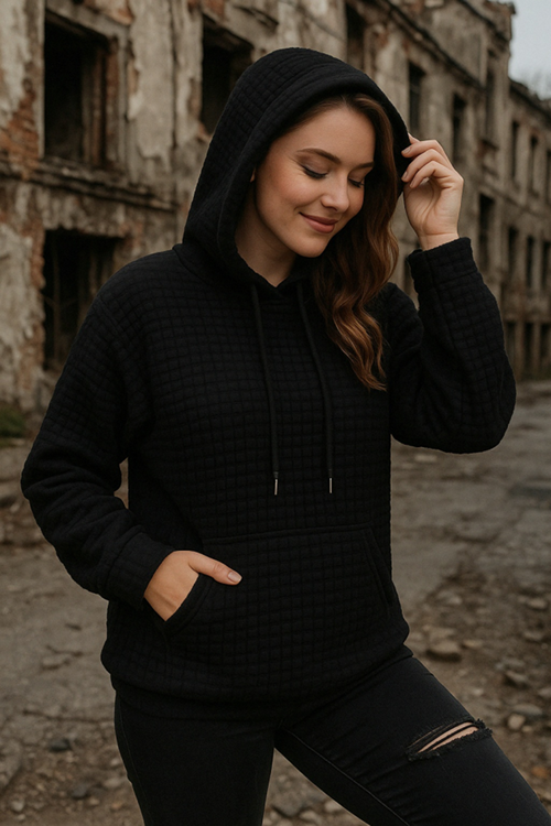 Kadın Uzun Kollu Kapşonlu Bağcıklı Cepli Capitone Sweatshirt