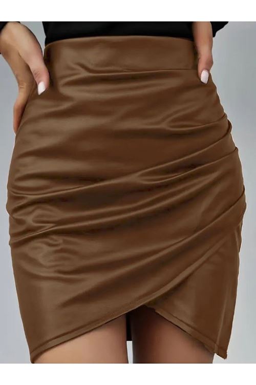 Kadın Yüksek Bel Yandan Fermuarlı Pileli Mini Deri Etek