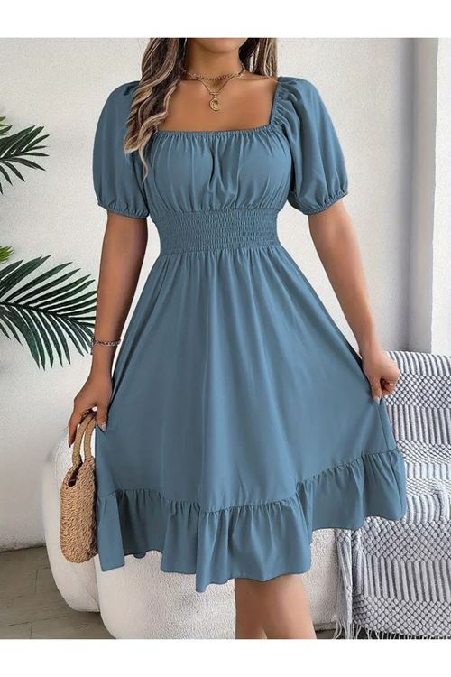 Kadın Kısa Kollu Kare Yakalı Beli Lastikli Kısa Trikoton Elbise