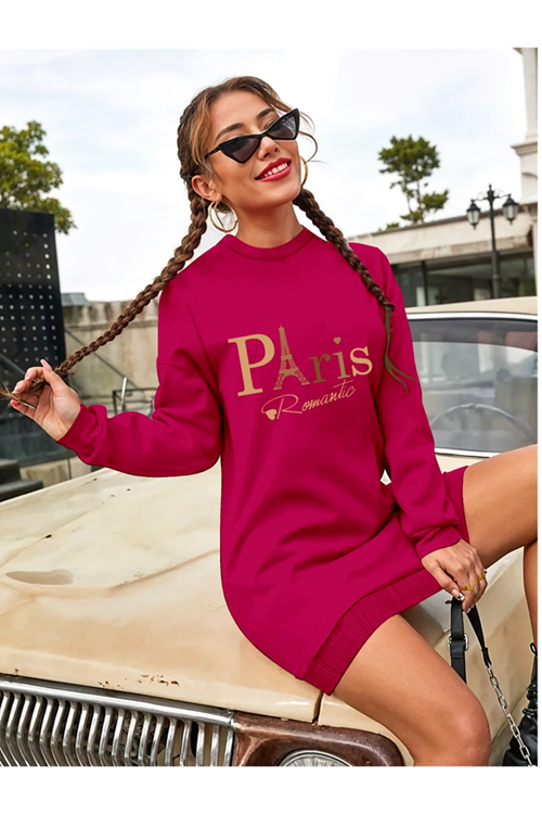 Kadın Uzun Kollu Bisiklet Yaka Yazılı Kısa Viskon Iki Iplik Elbise