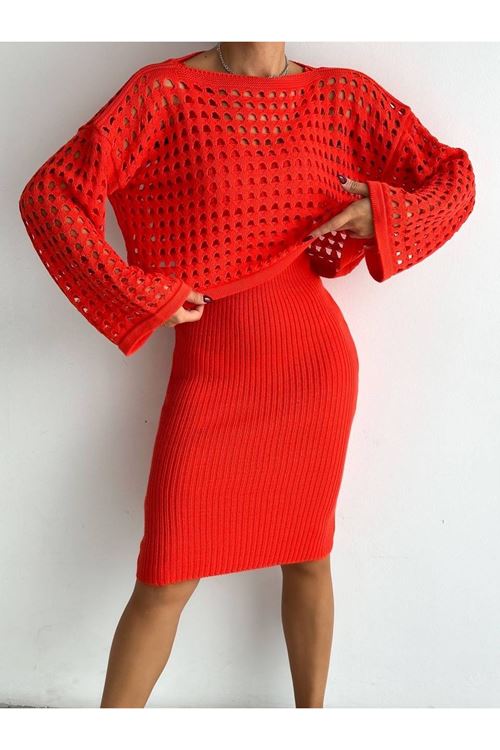 Kadın Delikli Kazak Askılı Elbise Triko Kumaş Ikili Takım