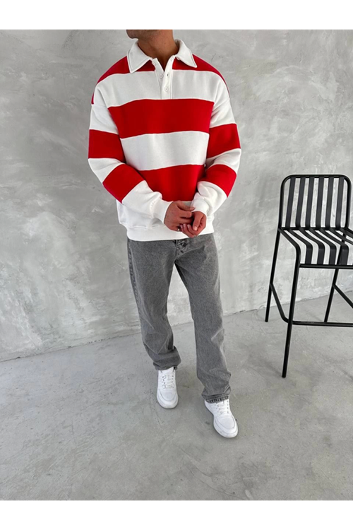 Unisex Üç İplik Parçalı Yakalı SweatShirt - Kırmızı